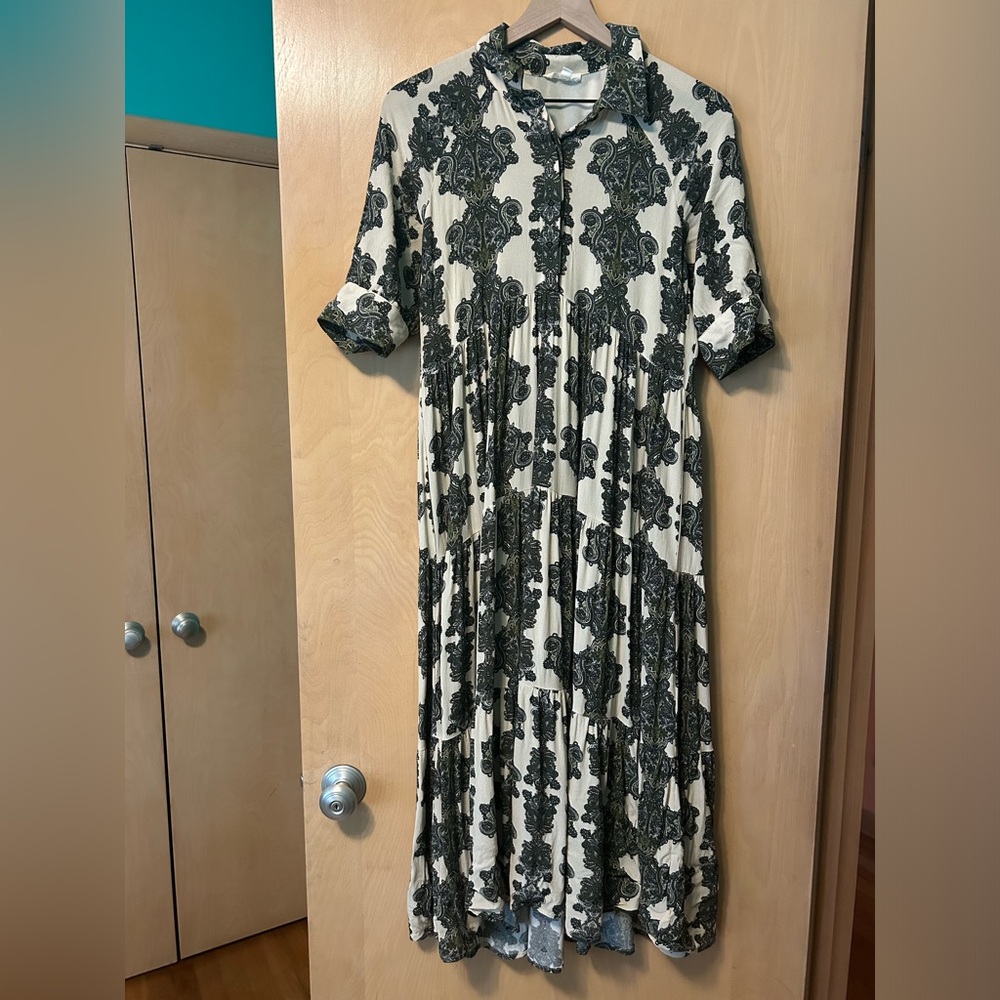 A Loves A cream maxi dress with forest green paisley print size S